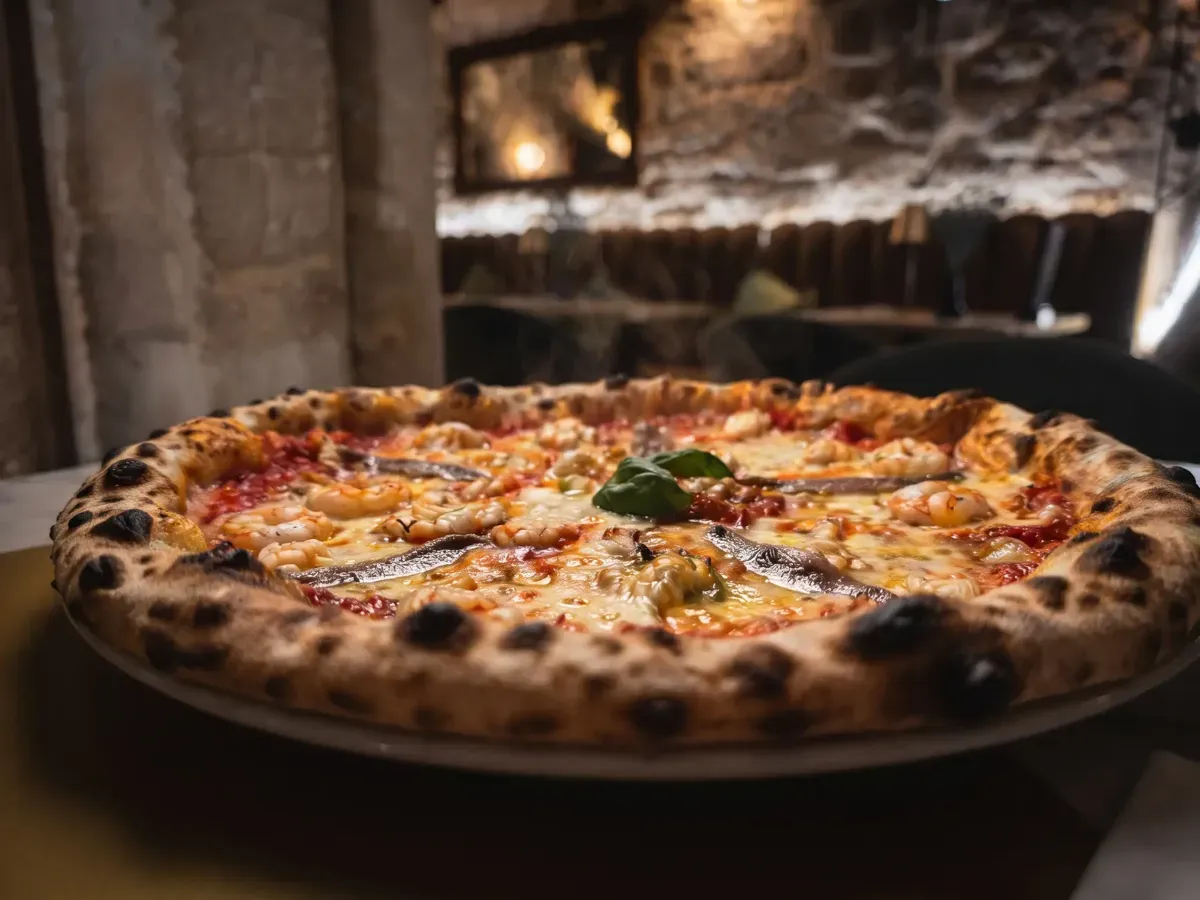Gourmet Anchovies & Shrimp Pizza on Peristil Square, Café & Restaurant Lvxor Split
