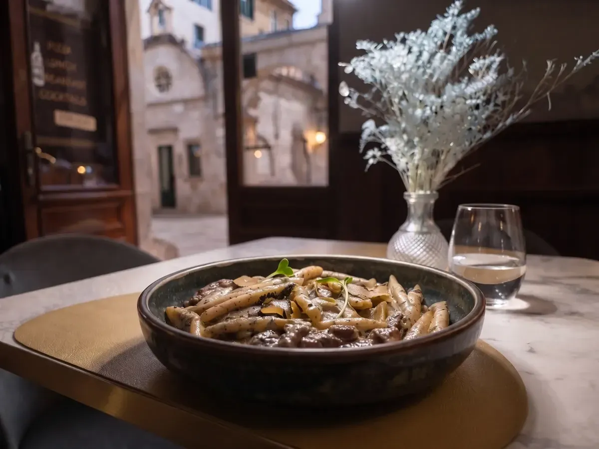 Exquisite Homemade Macaroni with Beefsteak on Peristil Square, Café & Restaurant Lvxor Split