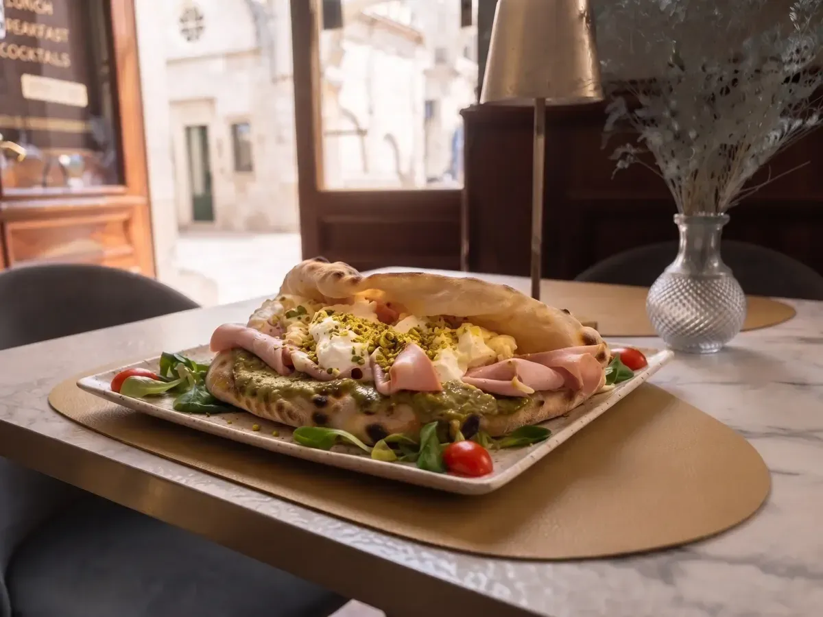 Artisan Mortadella Pizza Sandwich on Peristil Square, Café & Restaurant Lvxor Split