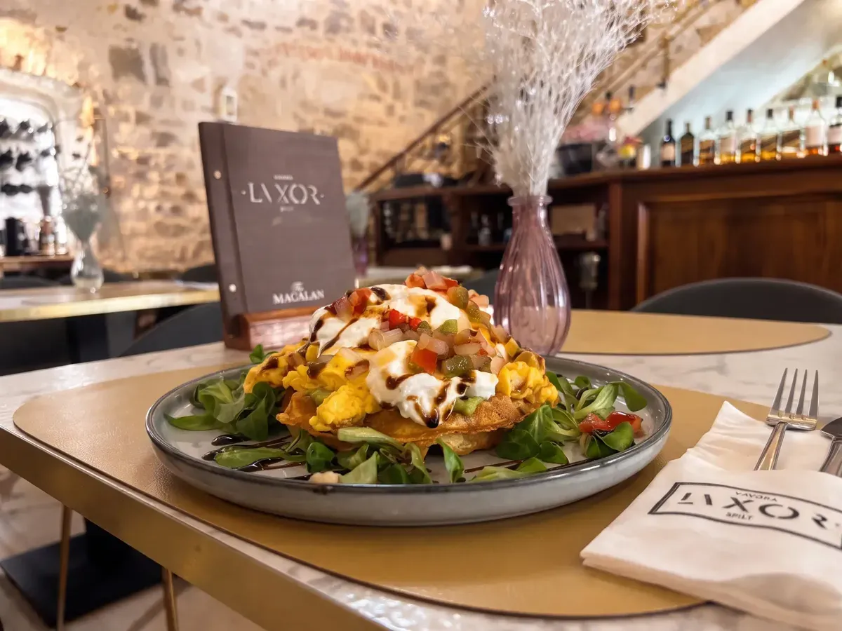 Scrambled Eggs on Guacamole Waffles on Peristil Square, Café & Restaurant Lvxor Split