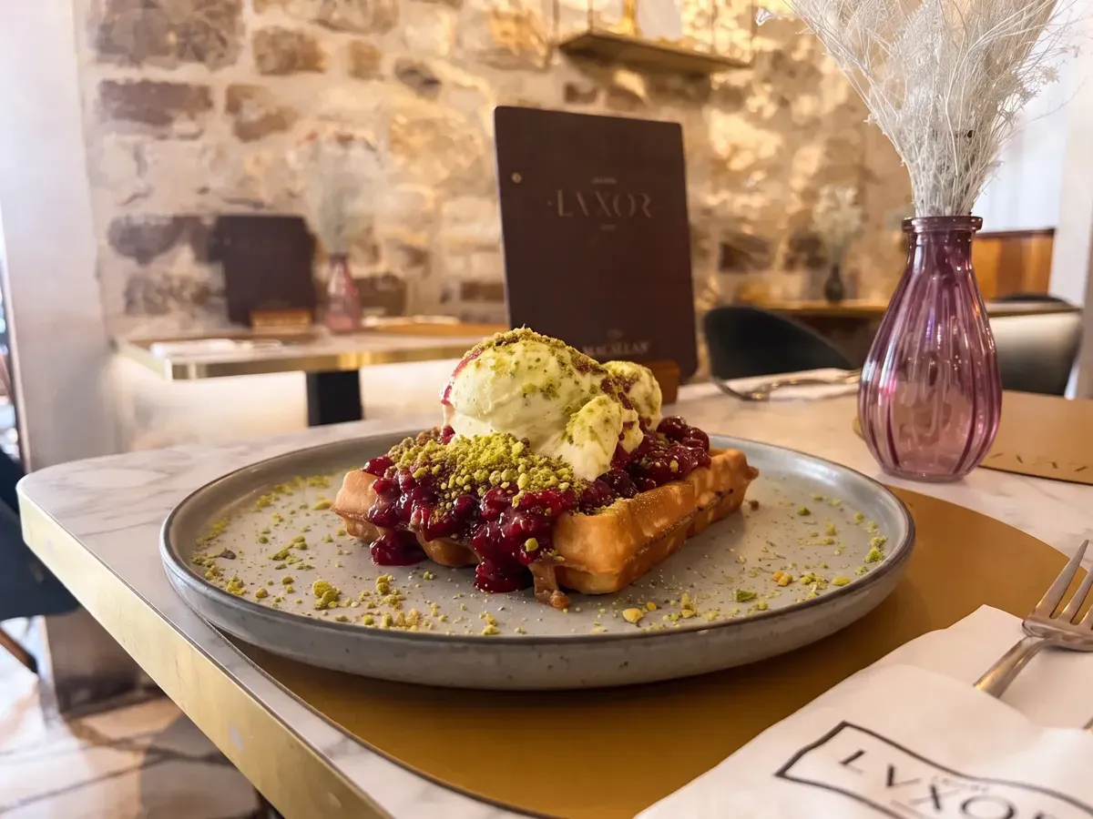 Vanilla Pistachio Fantasy Waffles on Peristil Square, Café & Restaurant Lvxor Split