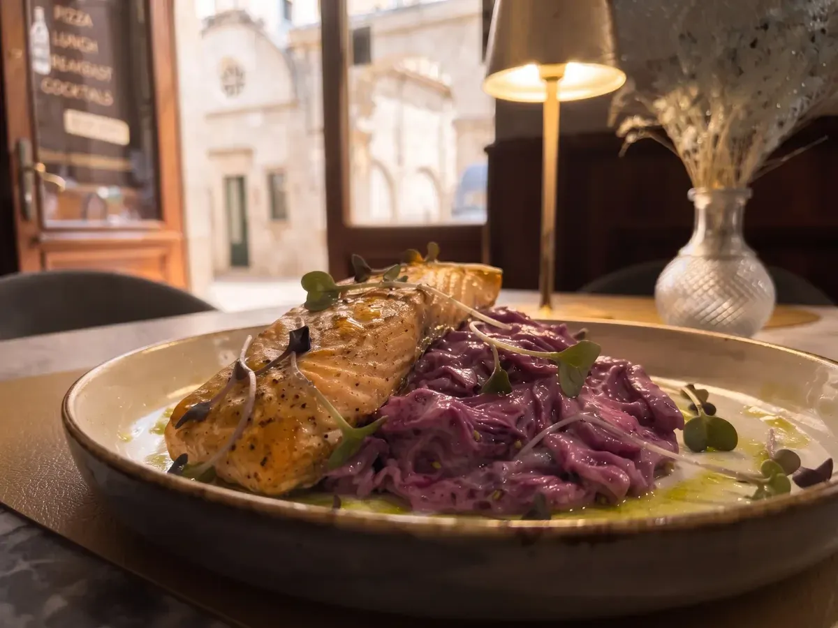 Wild Salmon with Figs on Peristil Square, Café & Restaurant Lvxor Split
