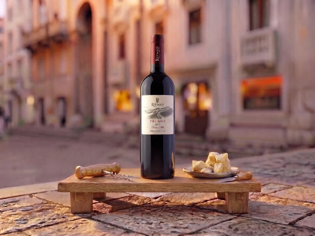 Primus Plavac Rizman eco, 0.75 l bottle on Peristil Square, Café & Restaurant Lvxor Split