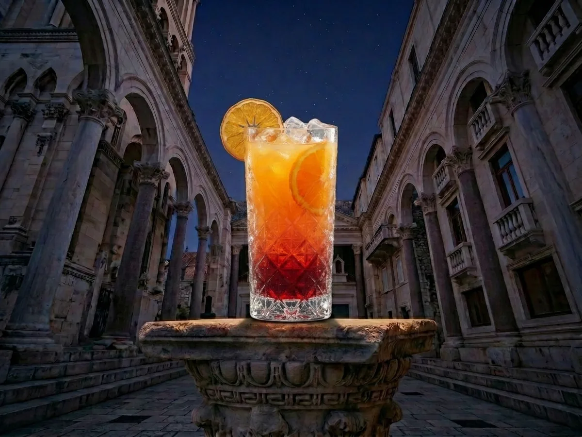 Tequila Sunrise cocktail on Peristil Square, Café & Restaurant Lvxor Split